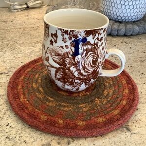Anthropologie Brown “R” Monogram Tea Coffee Cup Floral Print